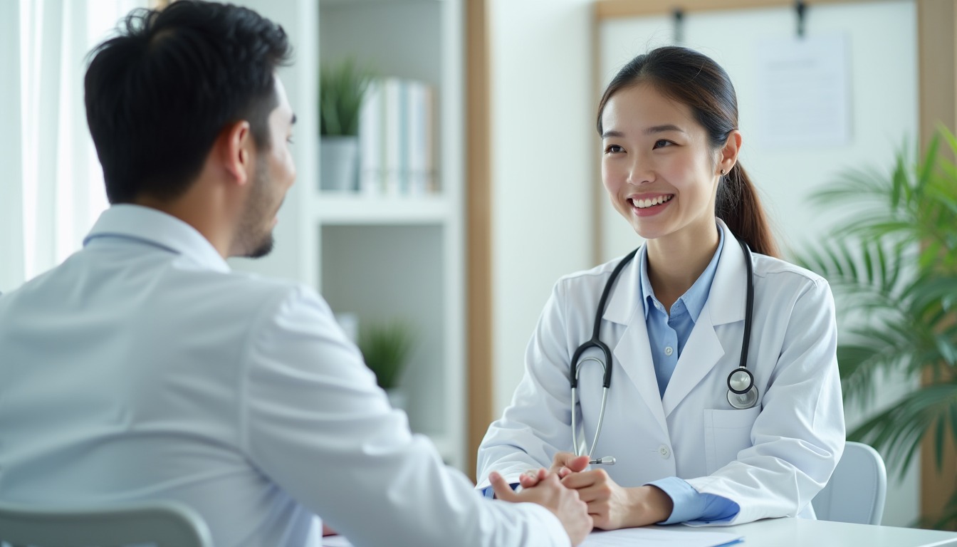 Doctor consulting patient during medical appointment in modern clinic healthcare setting
