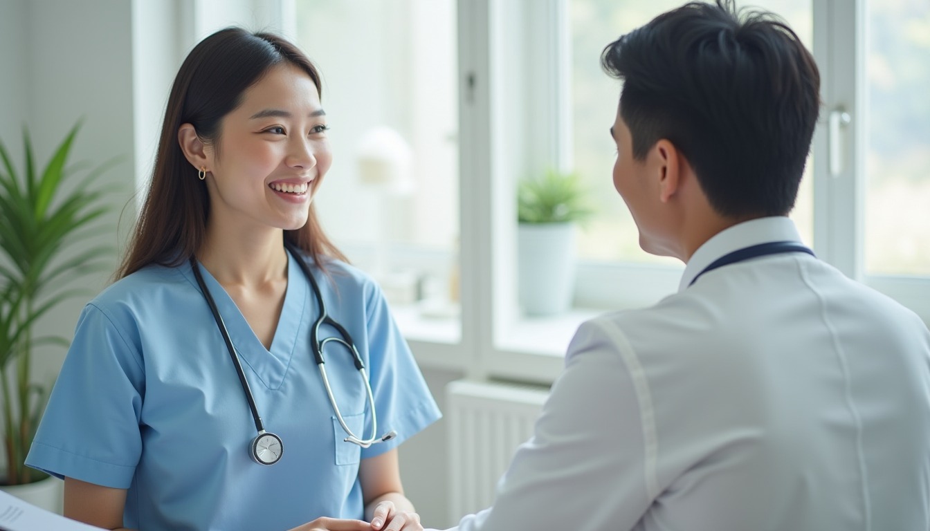 A healthcare worker in blue scrubs smiles at a patient during a consultation, emphasizing the importance of medical support and caregiver-patient relationships.