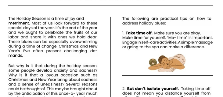 A wellness guide featuring self-care tips for managing holiday stress, including an illustration of a woman receiving a relaxing massage.