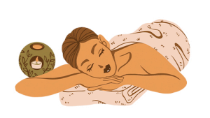 Illustration of a woman relaxing at a spa with a candle, symbolizing wellness and self-care.