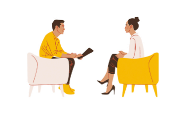 Illustration of a man and woman having a professional discussion while seated in modern chairs.