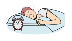 Illustration of a person sleeping peacefully with an alarm clock beside them, symbolizing rest and well-being.