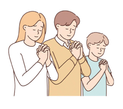 Illustration of a family praying together, symbolizing faith, emotional support, and healing in healthcare.