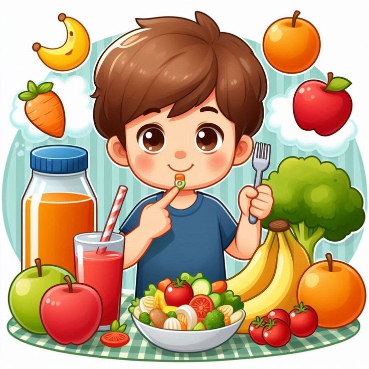 A young boy happily eating healthy food, surrounded by fruits and vegetables, promoting good nutrition for better healthcare.