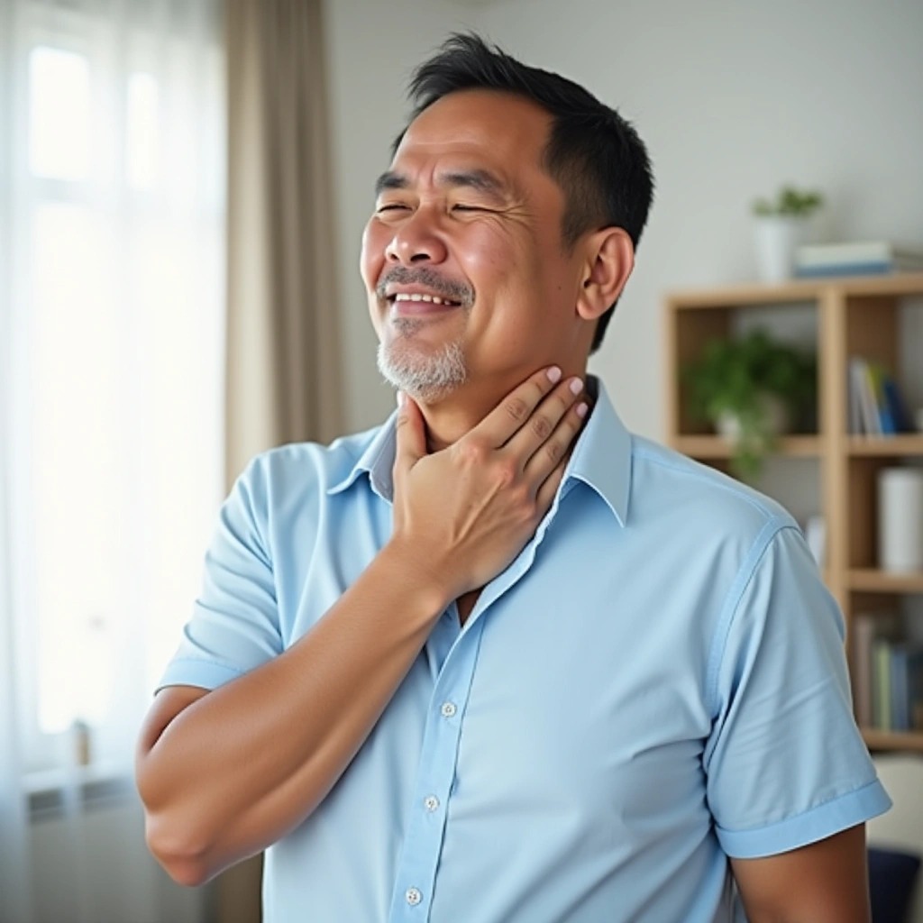 Middle-aged man touching his throat, possibly experiencing symptoms related to health or weight conditions